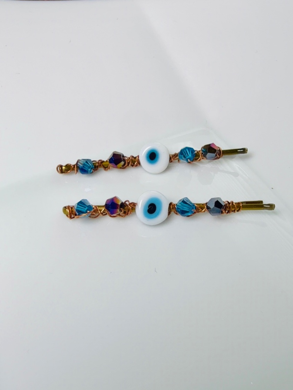 White and Blue Evil Eye and Blue and Black Crystal Beaded Bobby Pins